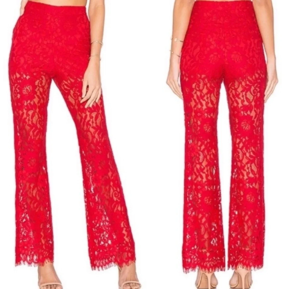 NBD High Rise Red Lace Pants with Frayed Hemline NEW! - Picture 2 of 8